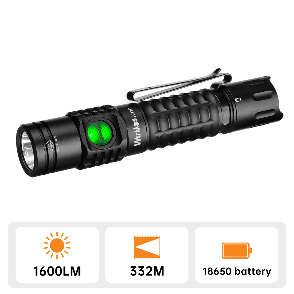 【EU warehouse】 Wurkkos FC12C Buck Circuit Tactical Flashlight, Long-range 1600 LM/332 M, Tactical & Ramping for indoor/outdoor use