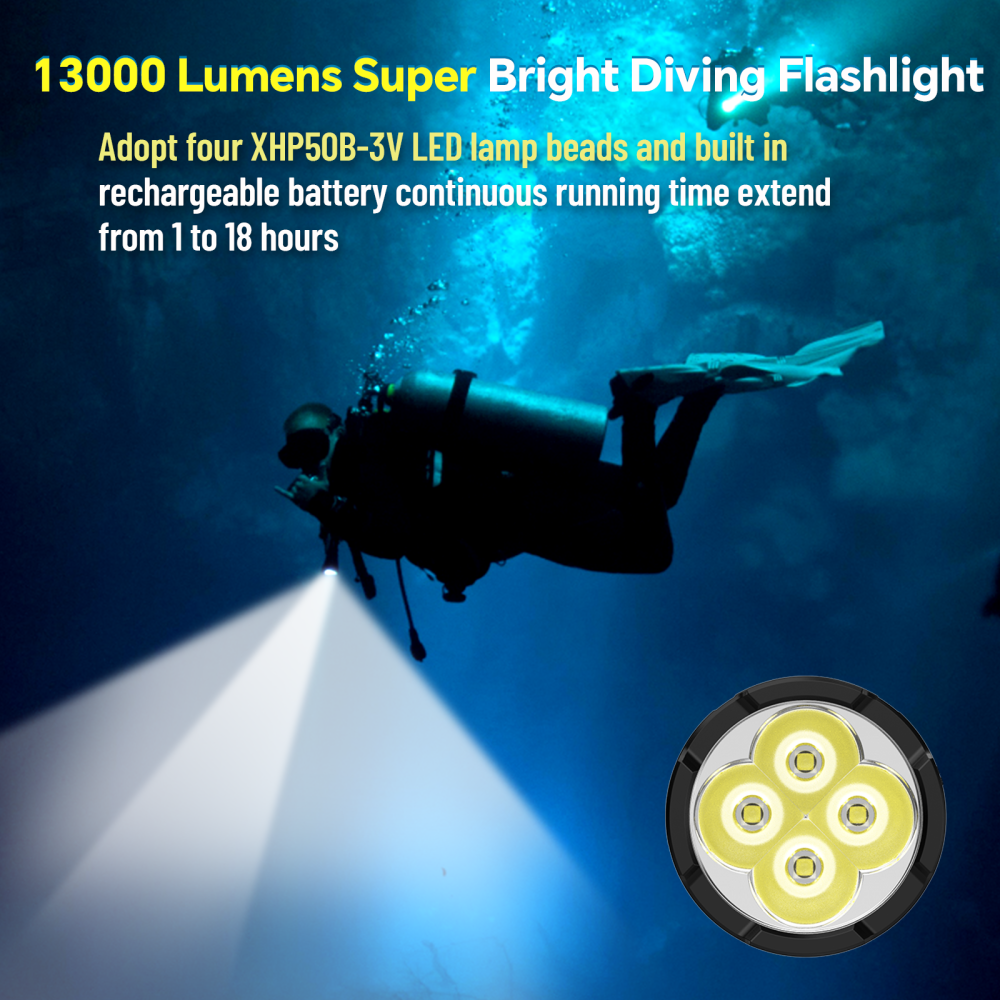 Wurkkos DL70 Super Bright 13000lm Dive Light, Amphibious Flashlight, Underwater 100m, with 2*26650 Flashlights, 4*XHP50B, 4 Modes Operation