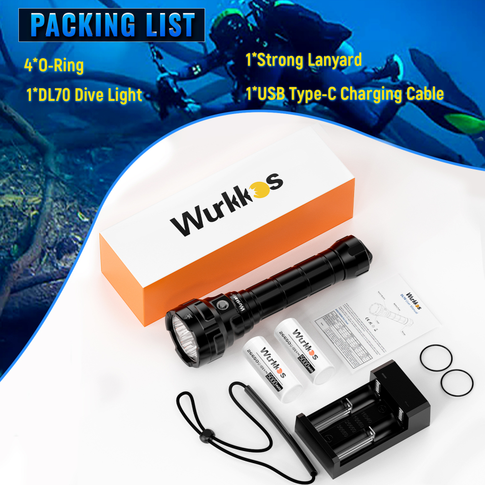 Wurkkos DL70 Super Bright 13000lm Dive Light, Amphibious Flashlight, Underwater 100m, with 2*26650 Flashlights, 4*XHP50B, 4 Modes Operation