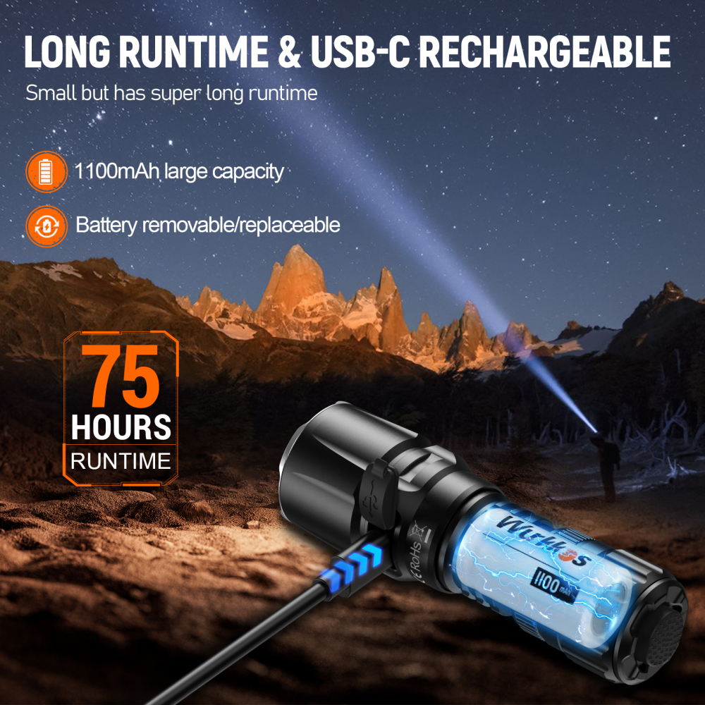 【US warehouse No Tax】Wurkkos TD07 Tactical Flashlight, USB C Rechargeable 1300 Lumens, 479m Long Range EDC Flashlight