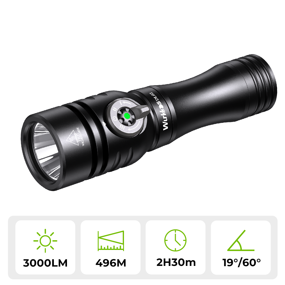 Wurkkos DL02 Amphibious Flashlight, 3000 Lumens 1627ft Long Range 6500K Diving Light, with Rotary Magnetic Switch for Cave Exploration