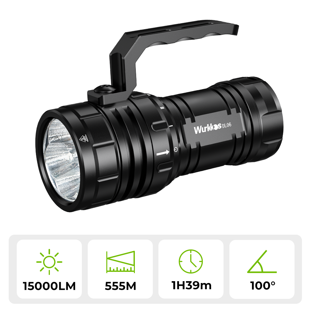 Wurkkos DL06 Diving Flashlight, 15000 Lumens, 555m Beam, Power Bank Function, IPX8 Waterproof, 3×21700 Batteries