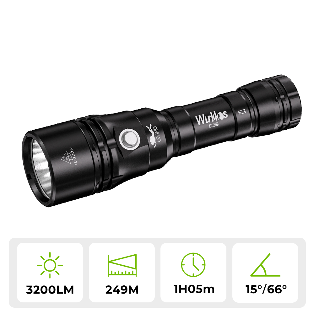 Wurkkos DL20R USB C Rechargeable Diving Light Powerful 3200lm XHP50.2 18650 Flashlight with Magnetic Control Switch
