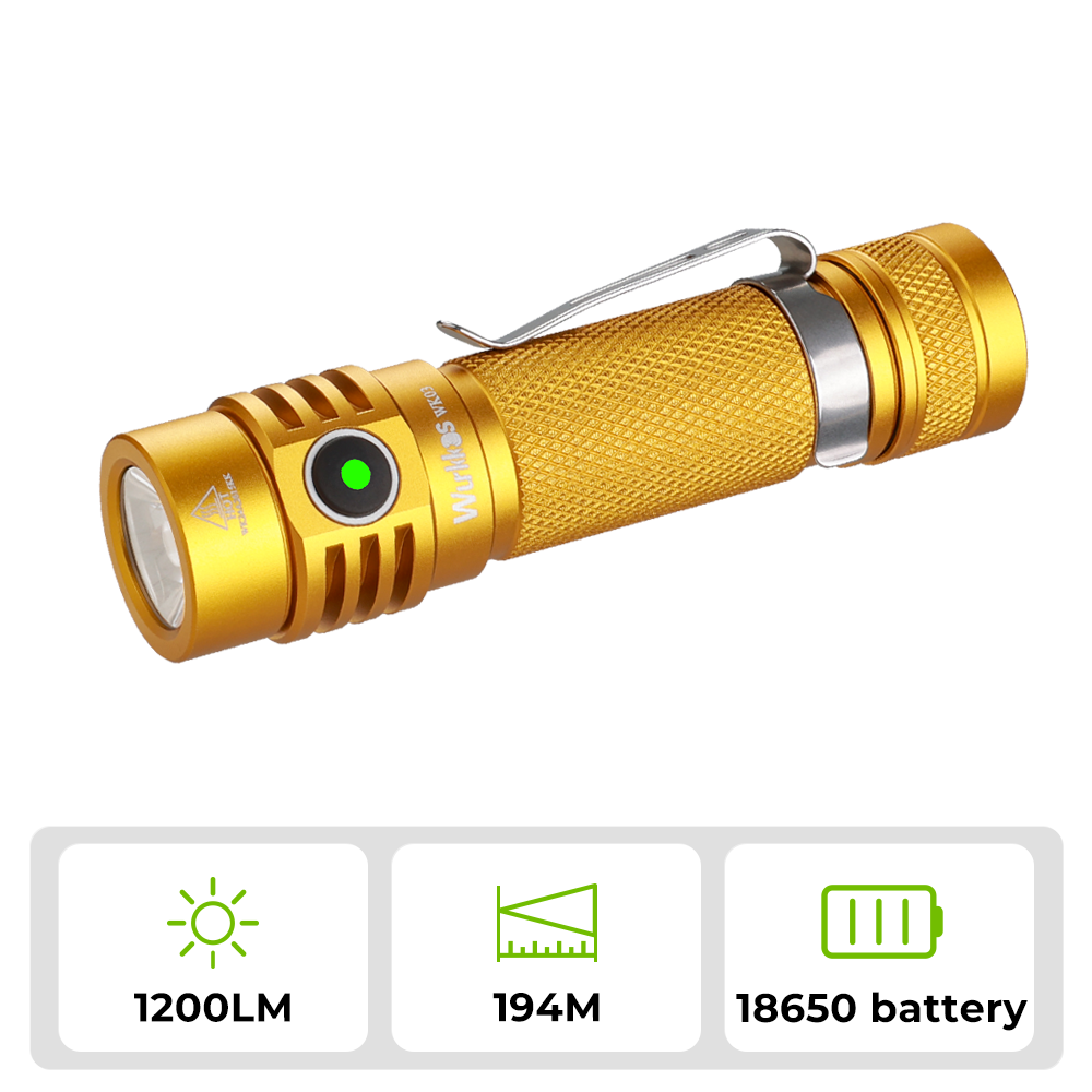 【US warehouse No Tax】Wurkkos -TLF Golden WK03 18650 EDC Light with Nichia 519A 5000K 1200lm/USB C Rechargeable/Extra Magnetic Tail Cap included