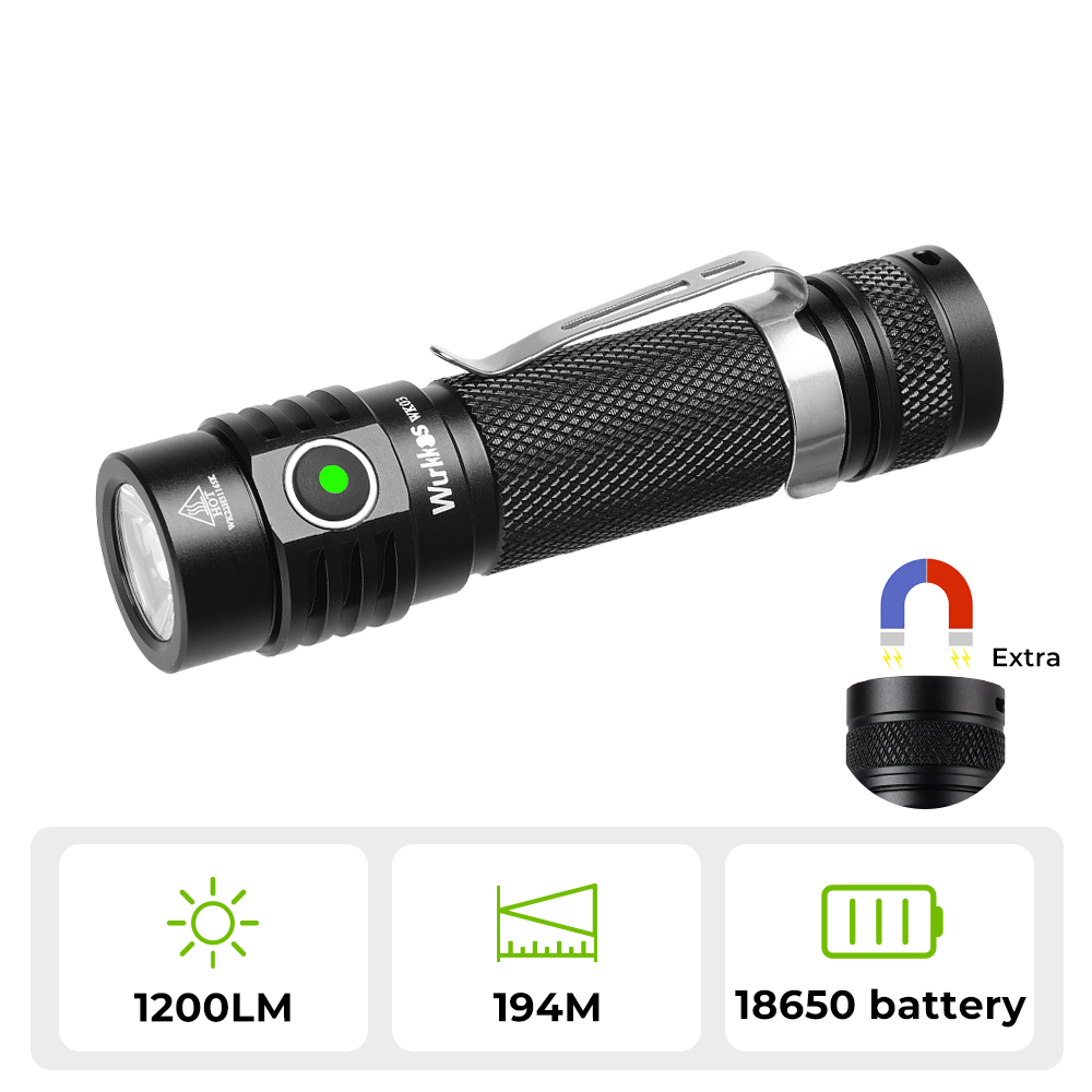 Wurkkos WK03 18650 EDC Flashlight with Nichia 519A 5000K 1200lm/USB C Rechargeable/Extra Magnetic Tail Cap included