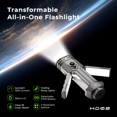Wurkkos HD02 | Magnetic Foldable Flashlight with Quad Beam, 3300 Lumens, Spotlight/UV Light/Green Laser& Wing Light | Reverse charging