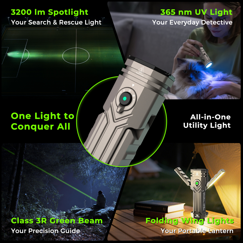 【New Release】Wurkkos HD02 | Magnetic Foldable Flashlight with Quad Beam, 3200 Lumens, Spotlight/UV Light/Green Laser& Wing Light | Powerbank