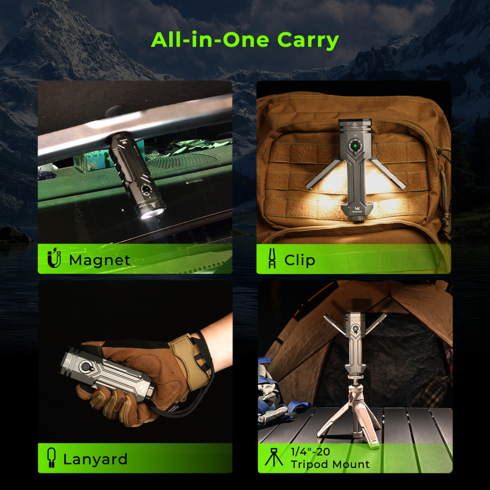 【New Release】Wurkkos HD02 | Magnetic Foldable Flashlight with Quad Beam, 3200 Lumens, Spotlight/UV Light/Green Laser& Wing Light | Powerbank