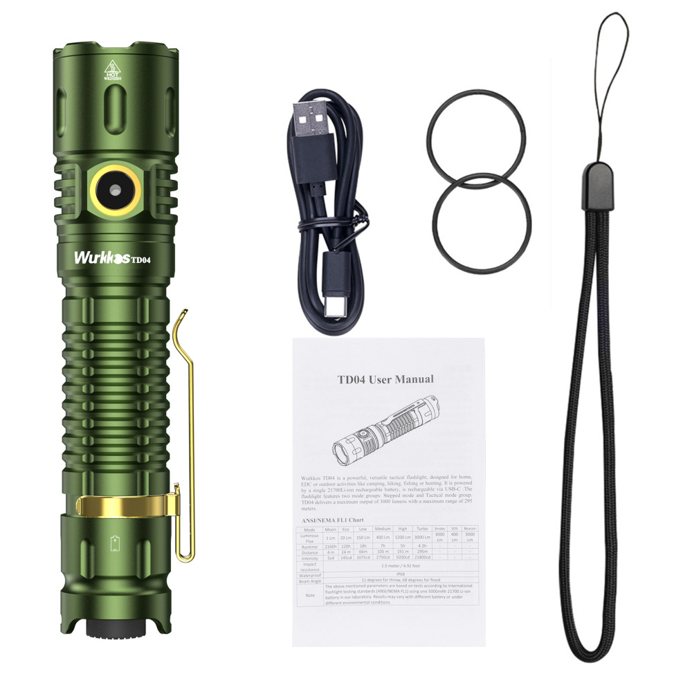 【Green available】Wurkkos TD04 XHP50D HI Rechargeable Flashlight USB-C 3000 lumens Torch IP68 Waterproof EDC Tail Switch,21700 Battery Two Groups Tactical