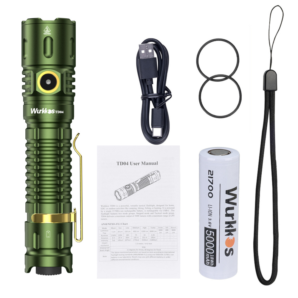 【New Release】Wurkkos TD04 XHP50D HI Rechargeable Flashlight USB-C 3000 lumens Torch IP68 Waterproof EDC Tail Switch,21700 Battery Two Groups Tactical