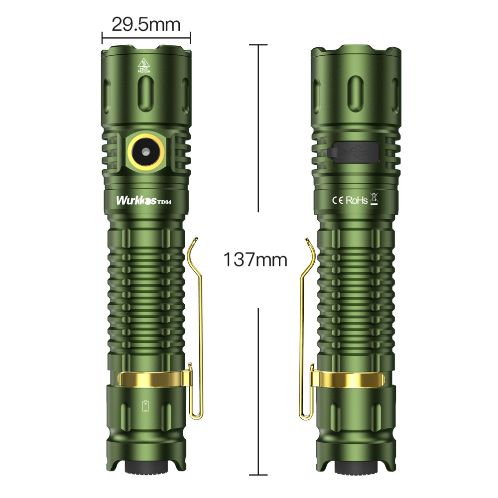 【Green available】Wurkkos TD04 XHP50D HI Rechargeable Flashlight USB-C 3000 lumens Torch IP68 Waterproof EDC Tail Switch,21700 Battery Two Groups Tactical