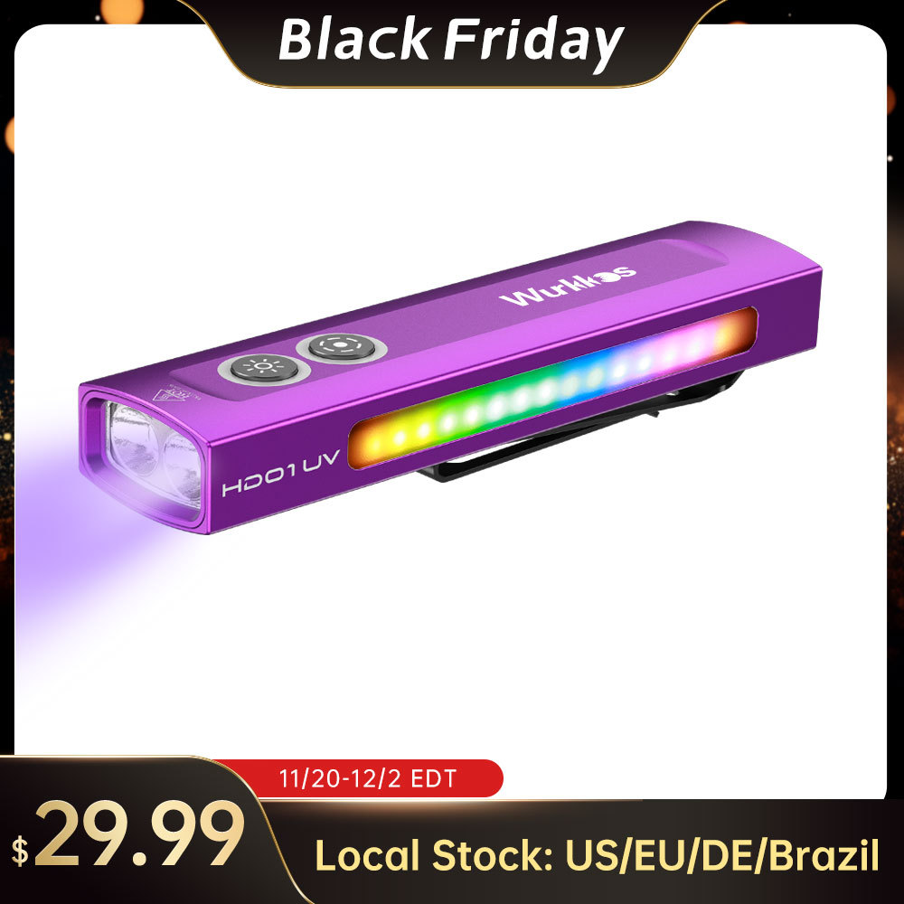 【US warehouse No Tax】Wurkkos HD01UV Multifunctional EDC Flashlight, with 365nm UV light and White flood led, Side RGB Lights/Dual Switch/Magnetic Tail