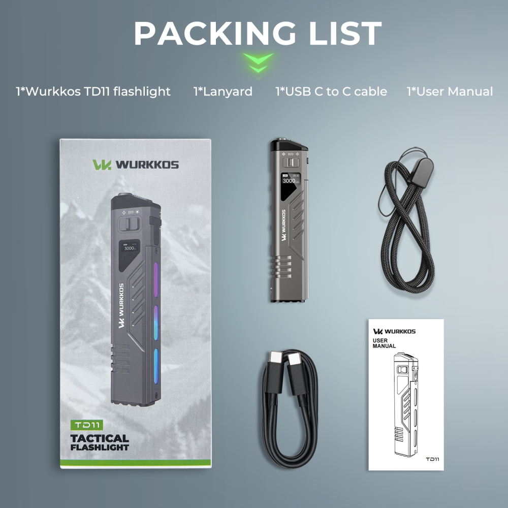 Wurkkos TD11 Smart OLED Tactical Flashlight, 3000LM 320M, Dual Tactical Tail Buttons, Boost Constant Current Driver