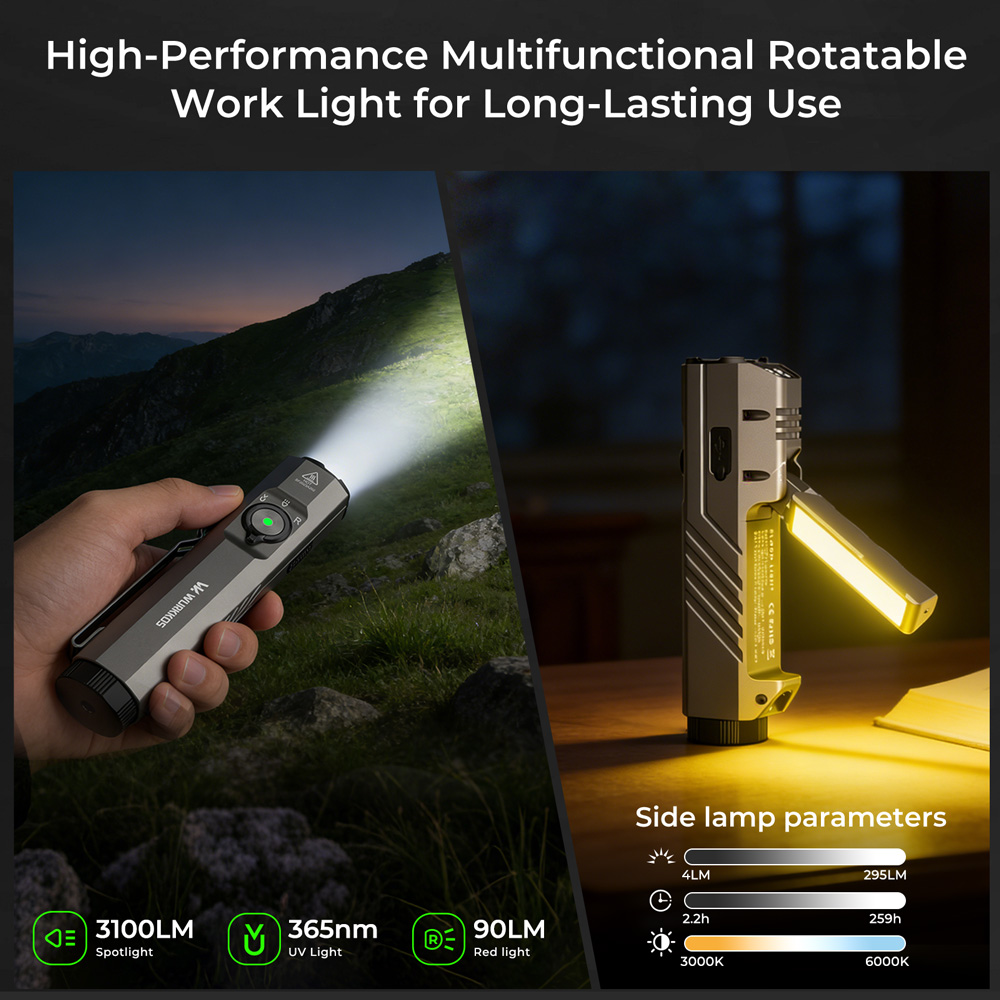 Wurkkos HD05 Foldable 4-in-1 EDC Flashlight, 3100 Lumens, 335m
