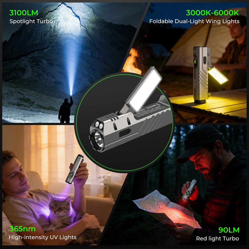 【New Release】Wurkkos HD05 Foldable 4-in-1 EDC Flashlight (Spot / Flood / Red / UV), 3100LM 335m Throw, Rotatable 180° Wing Floodlight (3000–6000K)