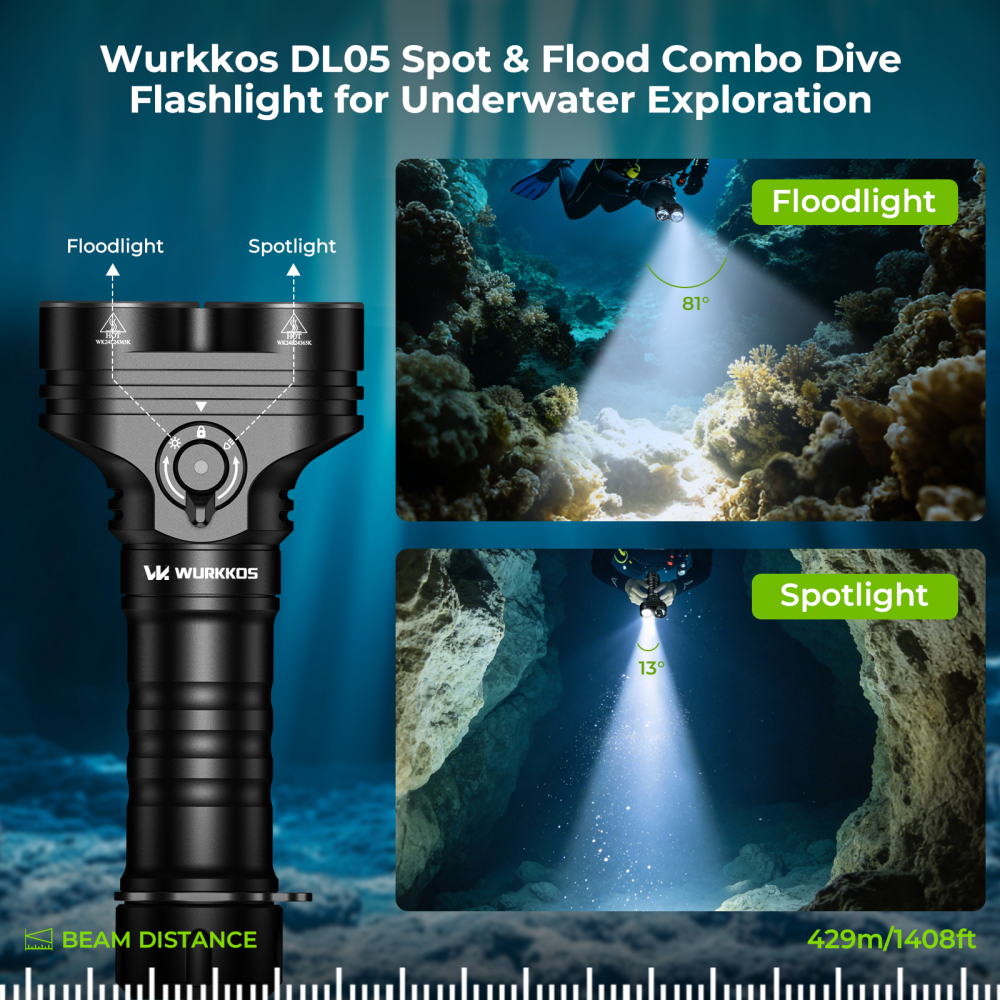 【New Release】Wurkkos DL05 Dual-Head Dive Light ,Spot & Flood Beam,  6000 Lumens, 429m Beam, IPX8 Waterproof, , Detachable Battery
