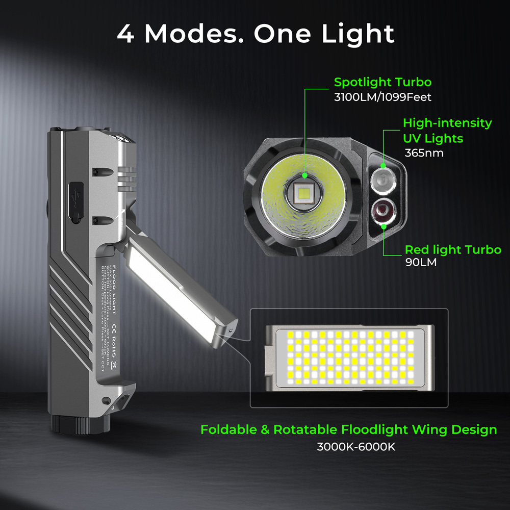 【New Release】Wurkkos HD05 Foldable 4-in-1 EDC Flashlight (Spot / Flood / Red / UV), 3100LM 335m Throw, Rotatable 180° Wing Floodlight (3000–6000K)