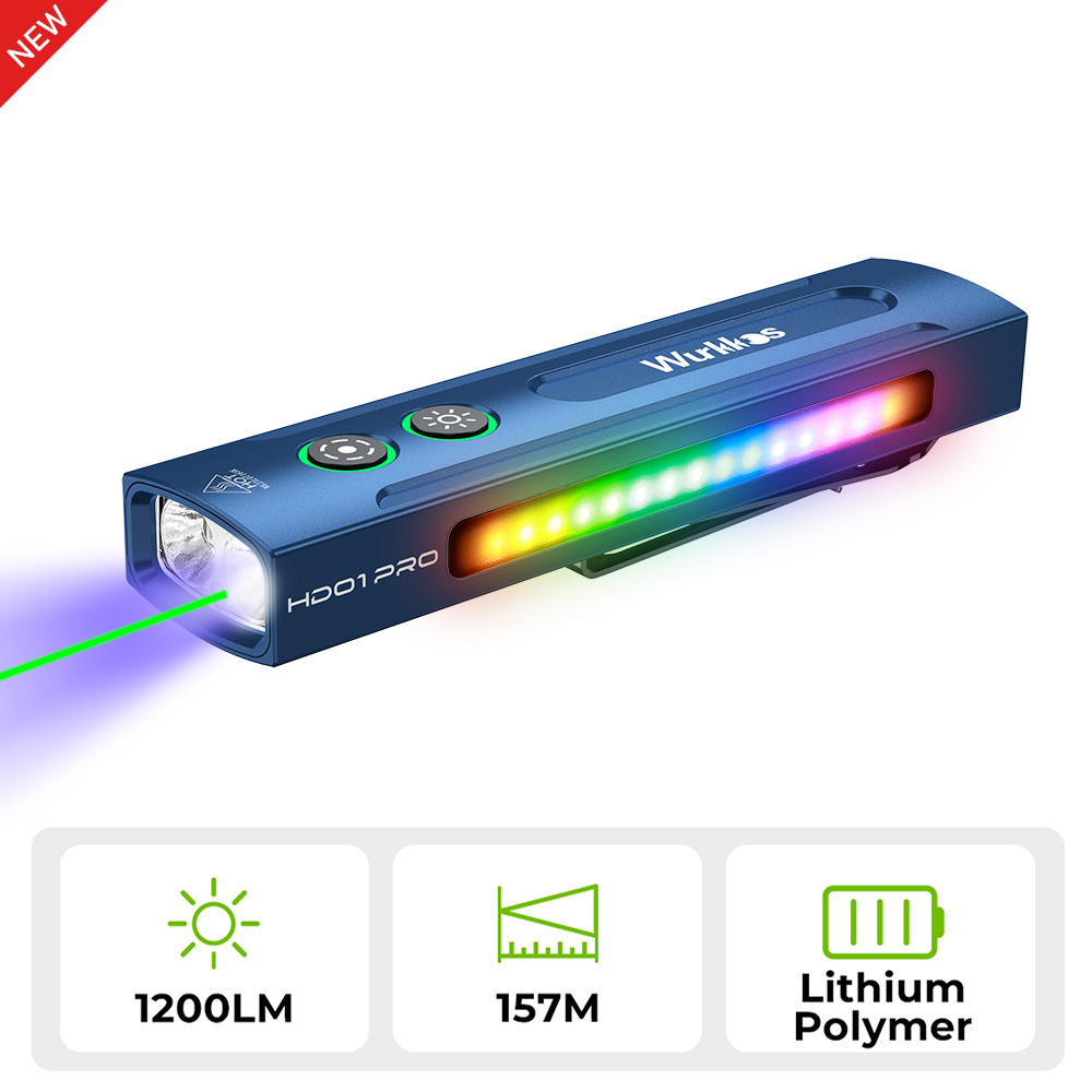 Wurkkos HD01 PRO Flat EDC Flashlight, 365nm UV, Green Laser, White Flood LED, RGB Side Light, Magnetic Tail