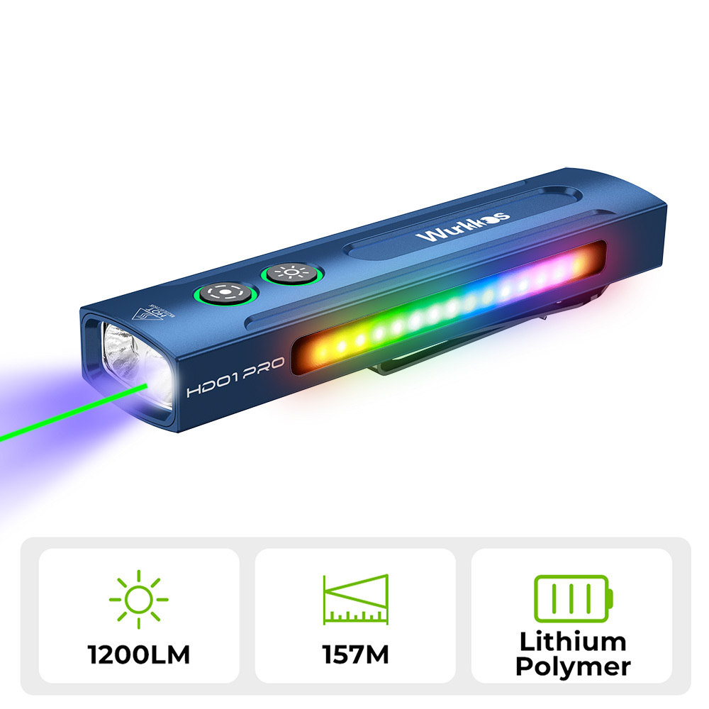 Wurkkos HD01 PRO Flat EDC Flashlight, 365nm UV, Green Laser, White Flood LED, RGB Side Light, Magnetic Tail