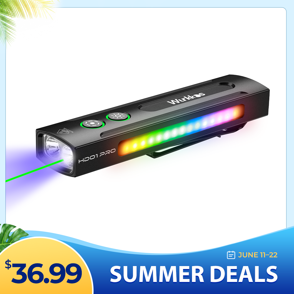 Wurkkos HD01 PRO Flat EDC Flashlight, 365nm UV, Green Laser, White Flood LED, RGB Side Light, Magnetic Tail