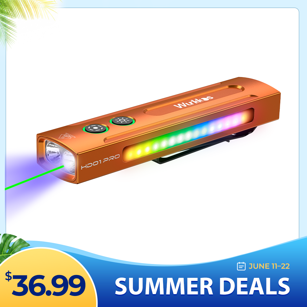 【New release】Wurkkos HD01 PRO Flat EDC Flashlight, with 365nm UV light, Green Laser, White flood led, Side RGB Lights/Dual Switch/Magnetic Tail