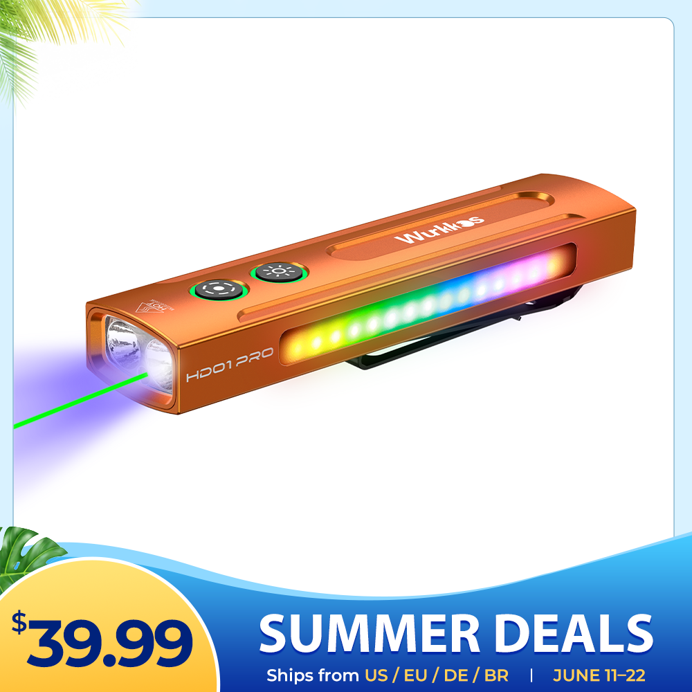 【US warehouse No Tax】Wurkkos HD01 PRO Flat EDC Flashlight, 365nm UV, Green Laser, White Flood LED, RGB Side Light, Magnetic Tail