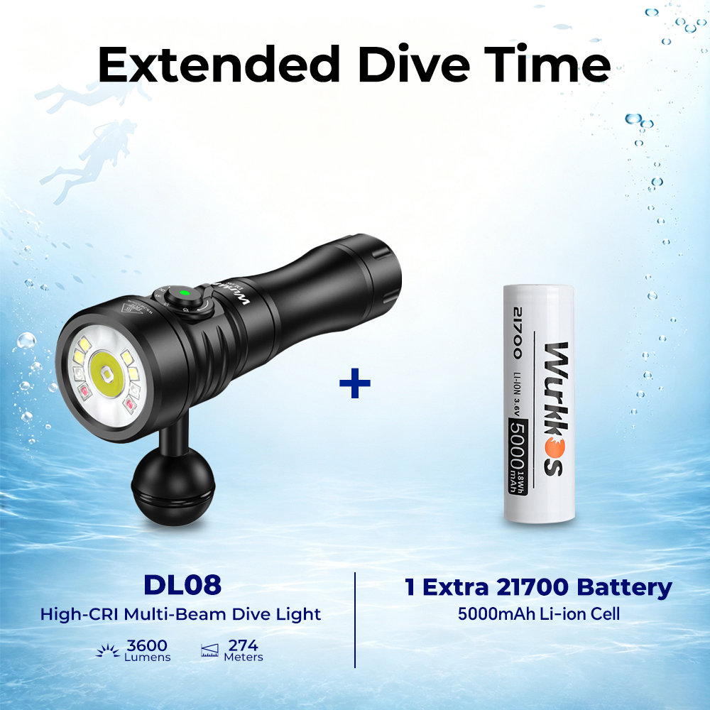 Wurkkos DL08 4-in-1 Dive Light – 3600LM High-CRI Underwater Photography Light with Spot, Flood, 660nm Red Light & UV LED