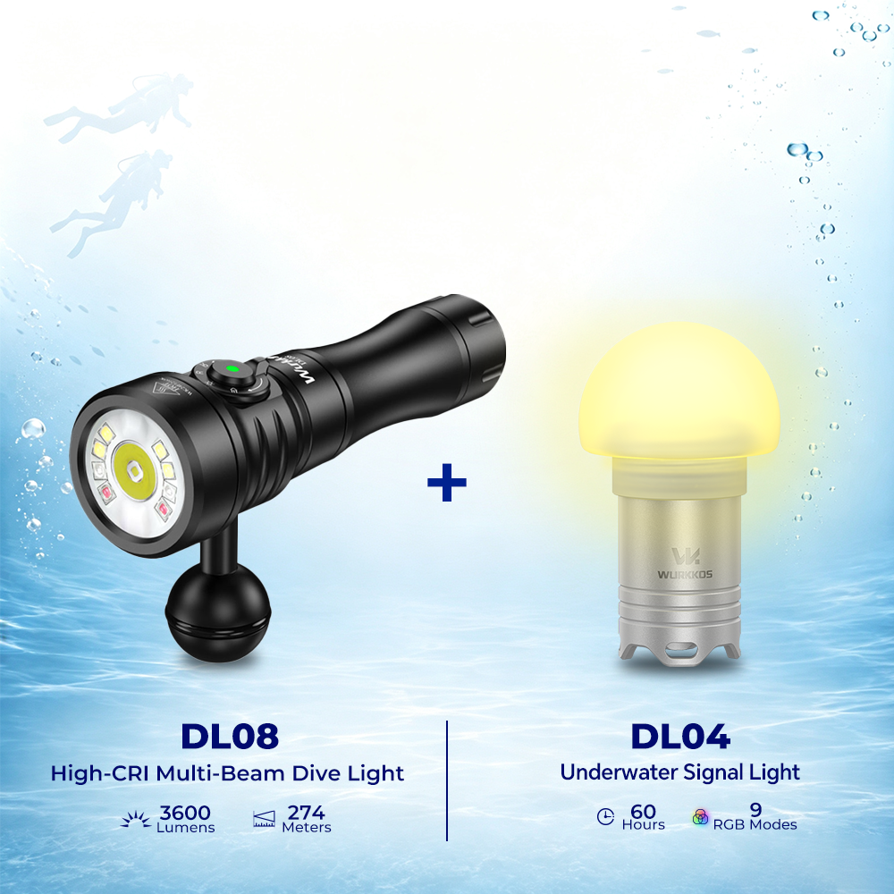 Wurkkos DL08 4-in-1 Dive Light – 3600LM High-CRI Underwater Photography Light with Spot, Flood, 660nm Red Light & UV LED