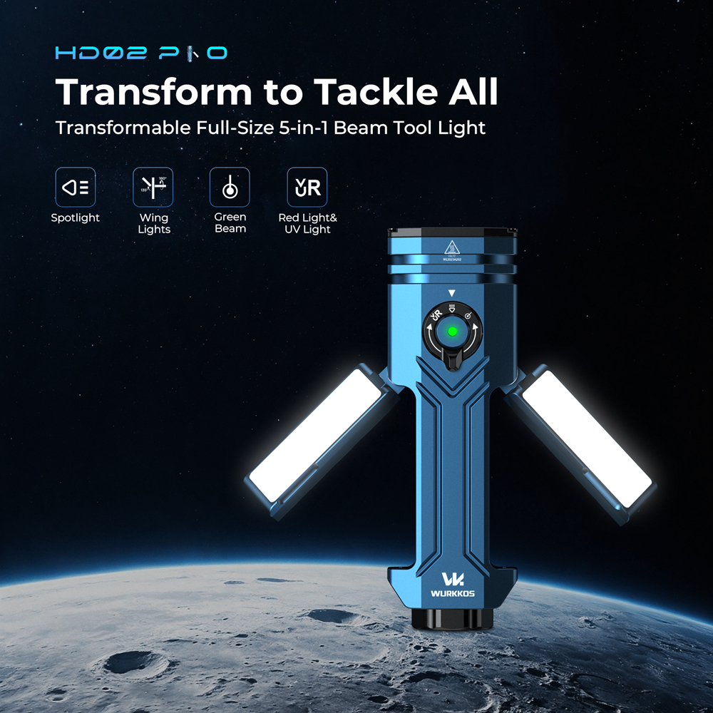 【New Release】WURKKOS HD02 PRO 5-in-1 Tool Light, iF Design Award 2026 Winner, 3200LM Max Output, 330M Max Throw, CRI90 Floodlight, 660nm Red Light , UV Light& Green Beam