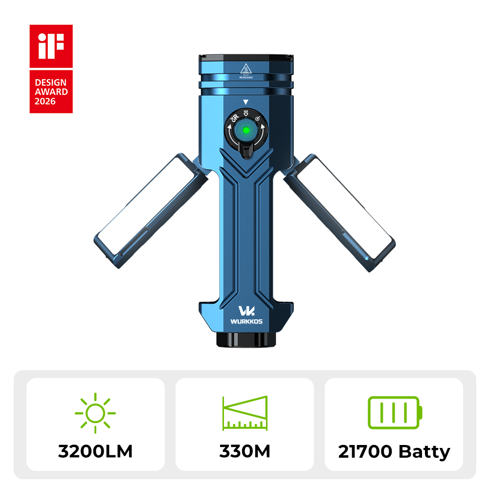 【New Release】WURKKOS HD02 Pro 5-in-1 Tool Light, iF Design Award 2026 Winner, 3200LM Max Output, 330M Max Throw, CRI90 Floodlight, 660nm Red Light , UV Light& Green Beam