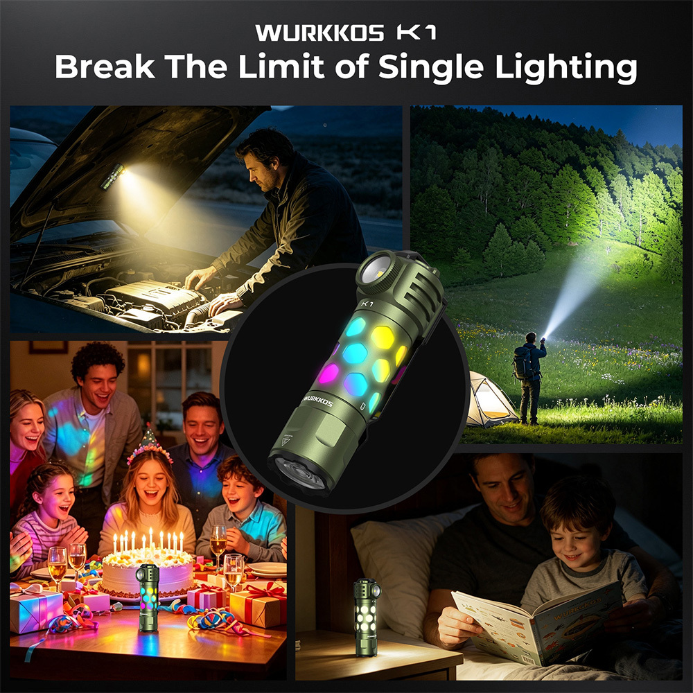 【New Release】WURKKOS K1 3-in-1 EDC Flashlight, 2000LM 400M Long-Range, Spot · Flood · 360° Ambient Light