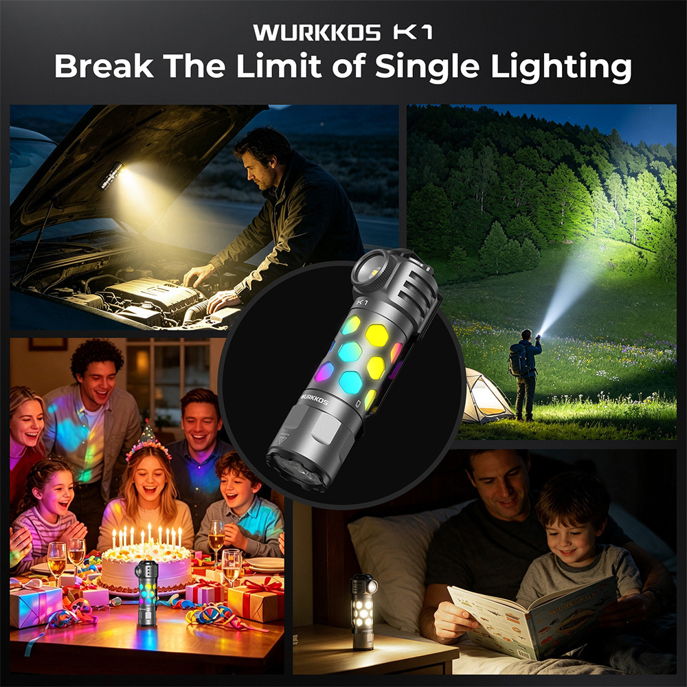 【New Release】WURKKOS K1 3-in-1 EDC Flashlight, 2000LM 600M Long-Range, Spot · Flood · 360° Ambient Light