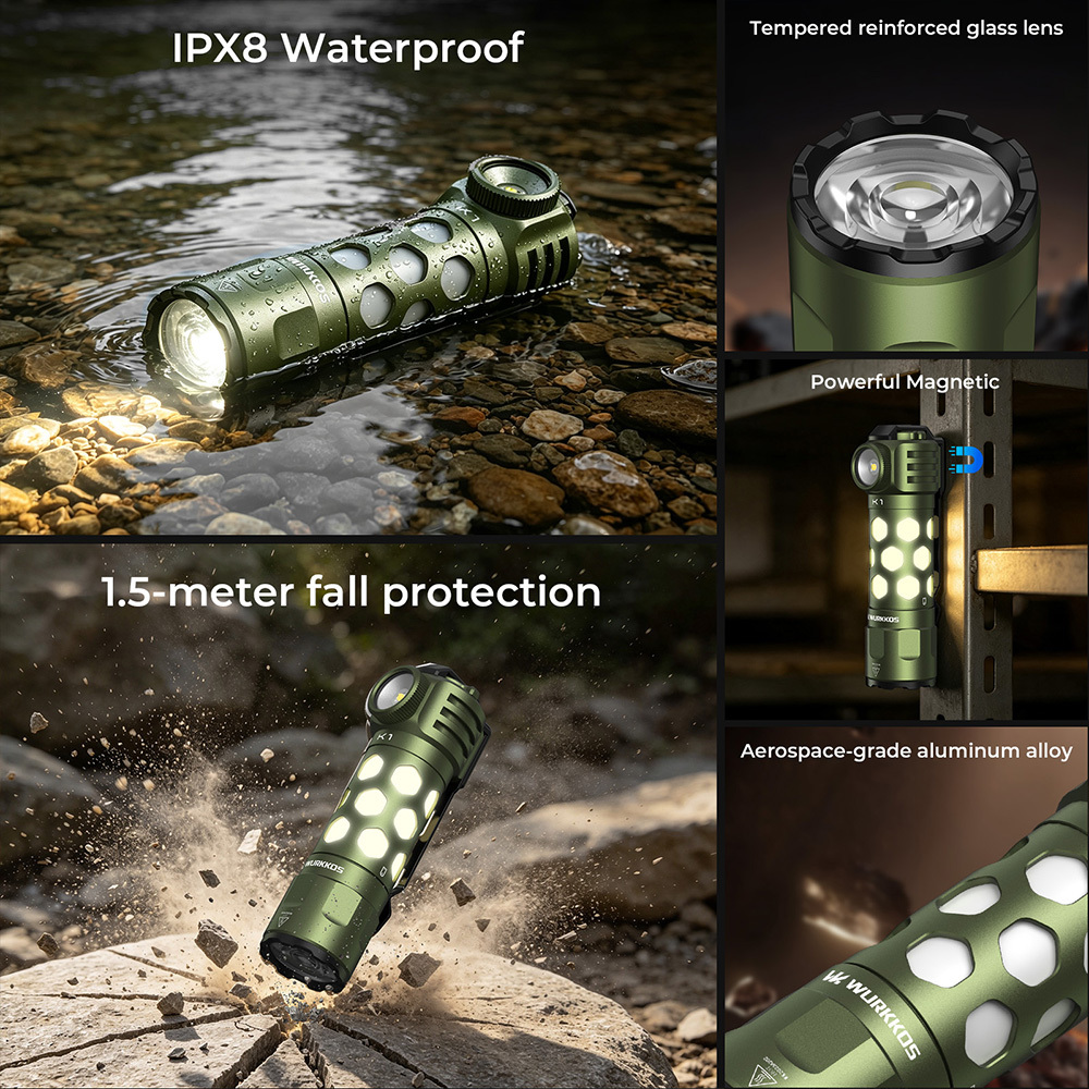 【New Release】WURKKOS K1 3-in-1 EDC Flashlight, 2000LM 400M Long-Range, Spot · Flood · 360° Ambient Light