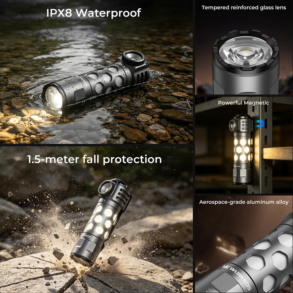 【New Release】WURKKOS K1 3-in-1 EDC Flashlight, 2000LM 600M Long-Range, Spot · Flood · 360° Ambient Light
