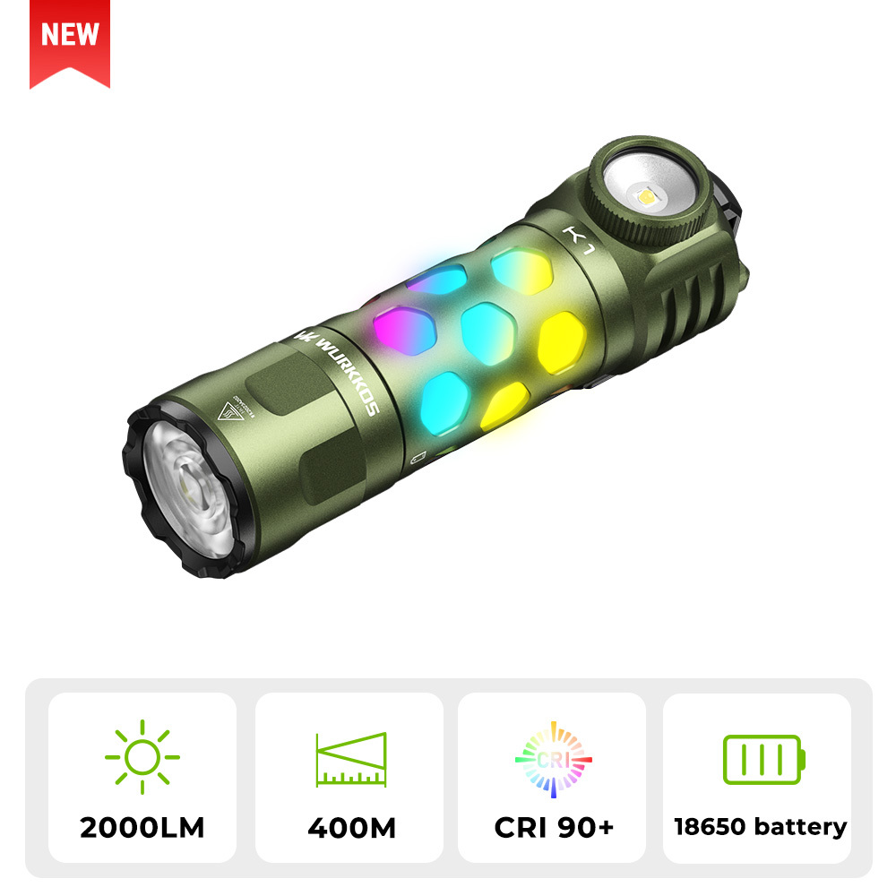 【New Release】WURKKOS K1 3-in-1 EDC Flashlight, 2000LM 600M Long-Range, Spot · Flood · 360° Ambient Light