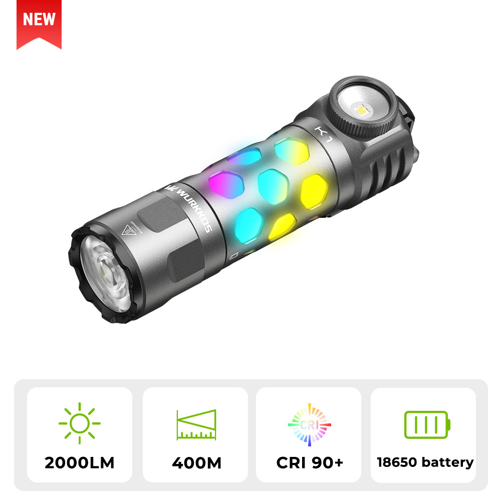 【New Release】WURKKOS K1 3-in-1 EDC Flashlight, 2000LM 600M Long-Range, Spot · Flood · 360° Ambient Light