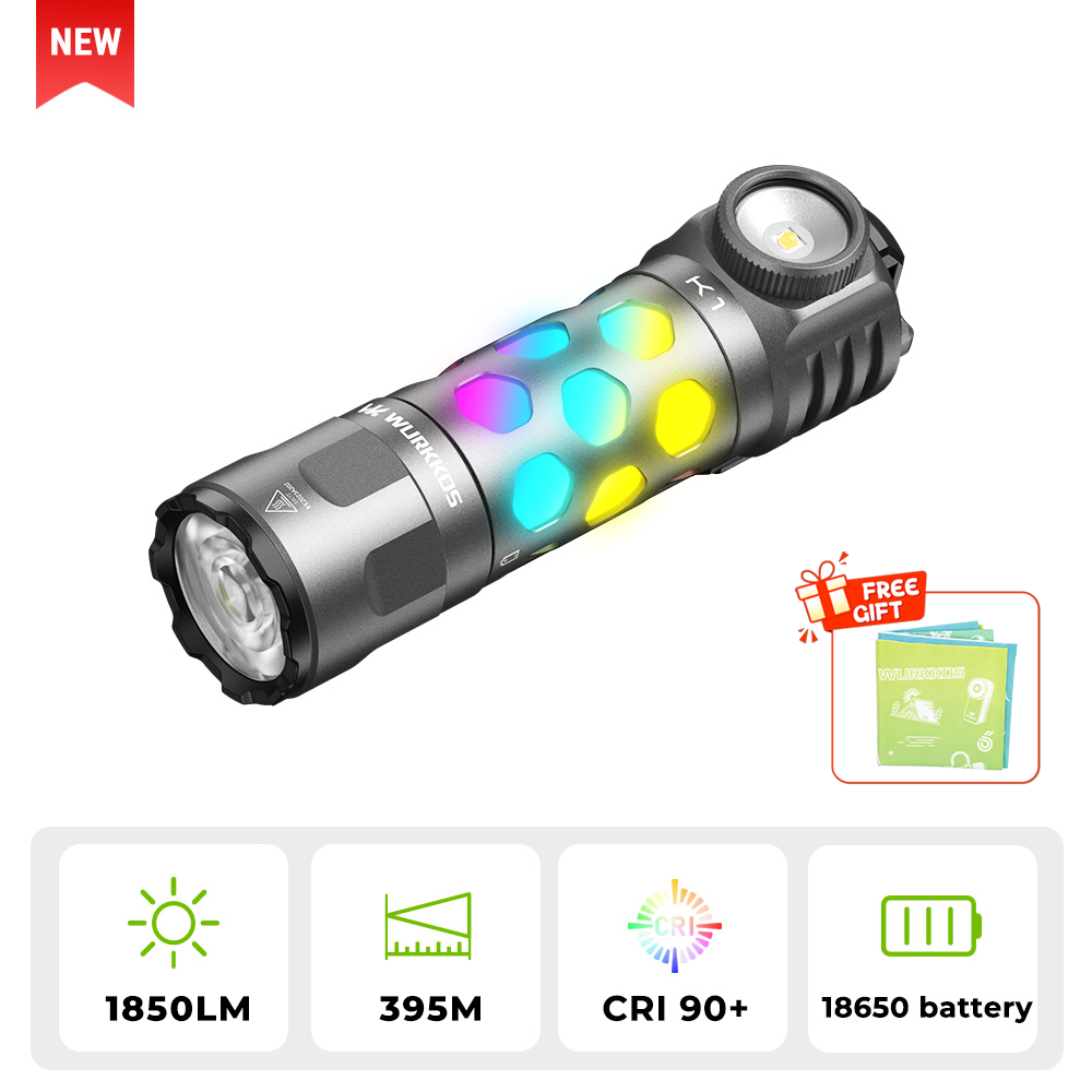【New Release】WURKKOS K1 3-in-1 EDC Flashlight, 2000LM 400M Long-Range, Spot · Flood · 360° Ambient Light