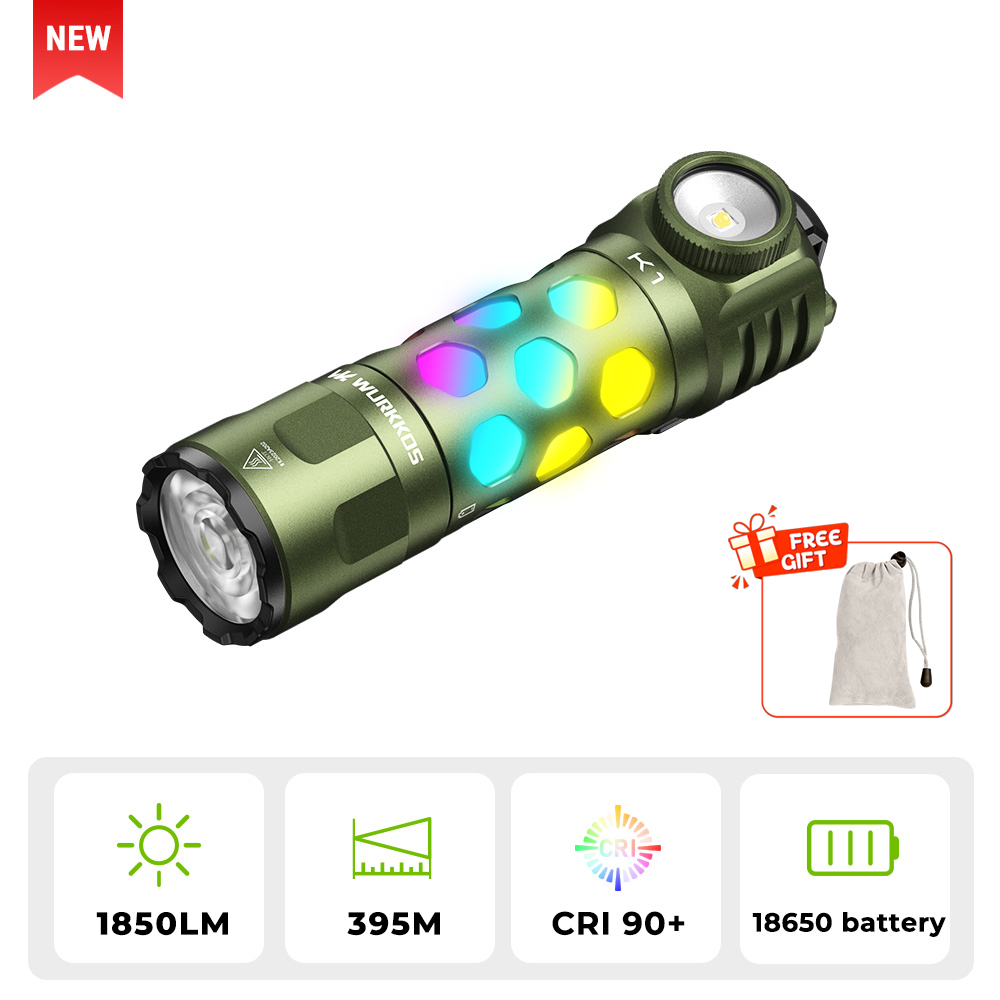 【New Release】WURKKOS K1 3-in-1 EDC Flashlight, 2000LM 400M Long-Range, Spot · Flood · 360° Ambient Light