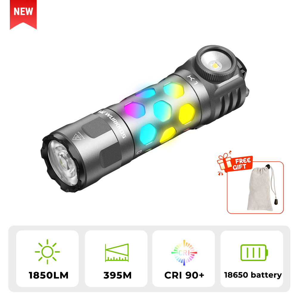 【New Release】WURKKOS K1 3-in-1 EDC Flashlight, 2000LM 400M Long-Range, Spot · Flood · 360° Ambient Light