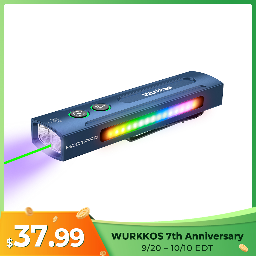 Wurkkos HD01 PRO Flat EDC Flashlight, 365nm UV, Green Laser, White Flood LED, RGB Side Light, Magnetic Tail