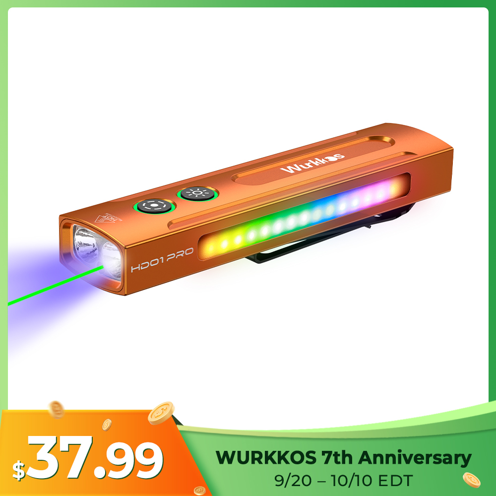 Wurkkos HD01 PRO Flat EDC Flashlight, 365nm UV, Green Laser, White Flood LED, RGB Side Light, Magnetic Tail