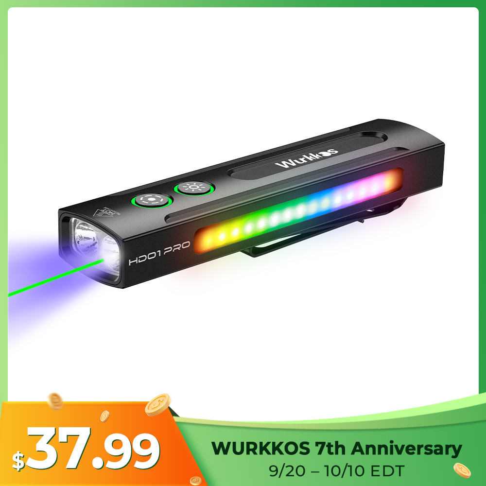 Wurkkos HD01 PRO Flat EDC Flashlight, 365nm UV, Green Laser, White Flood LED, RGB Side Light, Magnetic Tail