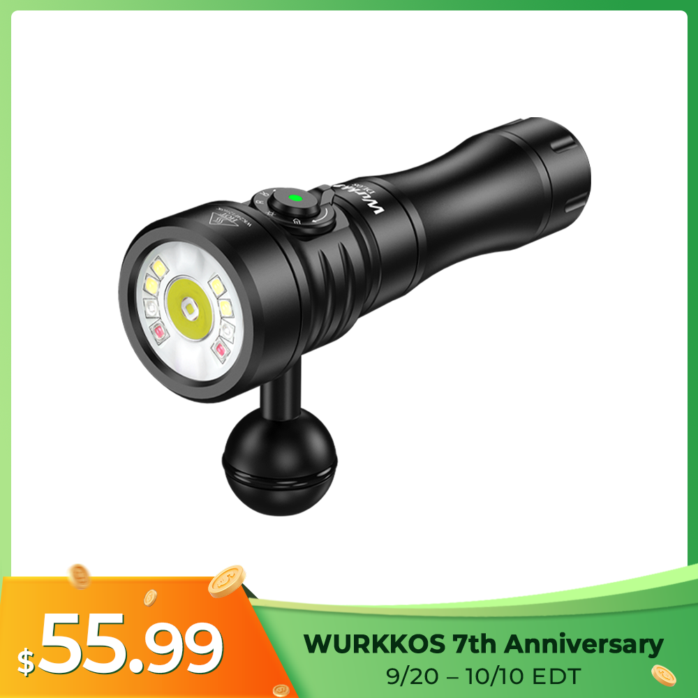 Wurkkos DL08 3600lm Rechargeable Diving Light, Long-Range Spotlight & Wide Floodlight with Red & UV LEDs, Underwater Torch IP68