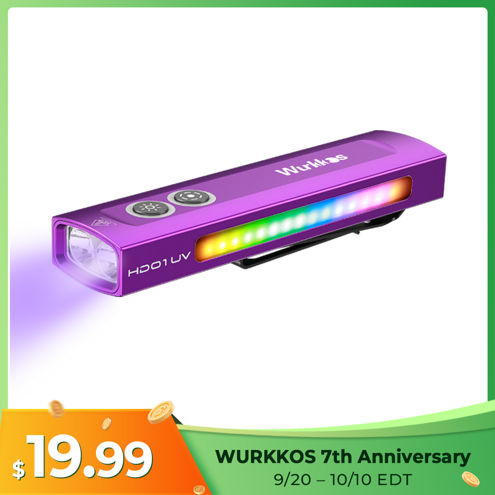 Wurkkos HD01UV Multifunctional EDC Flashlight, with 365nm UV light and White flood led, Side RGB Lights/Dual Switch/Magnetic Tail