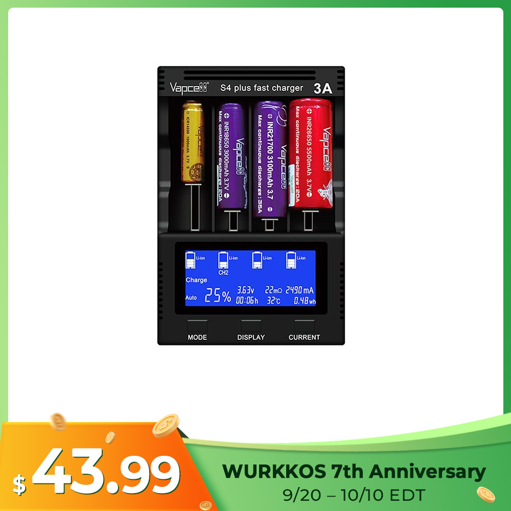 Vapcell S4+ Smart Chargers with 4 Slots, max 3A per slot, for 10440 14500 16340 18650 21700 and 26650 Batteries