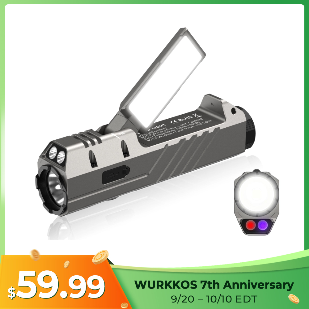【New Release】Wurkkos HD05 Foldable 4-in-1 EDC Flashlight (Spot / Flood / Red / UV), 3100LM 335m Throw, Rotatable 180° Wing Floodlight (3000–6000K)