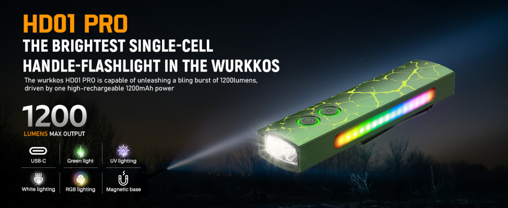 Wurkkos HD01 PRO Flat EDC Flashlight, 365nm UV, Green Laser, White Flood LED, RGB Side Light, Magnetic Tail