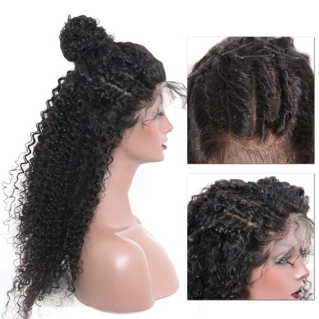 Top Quality  kinky curly ull lace human hair Wig with bang,brazilian lace wig for black women