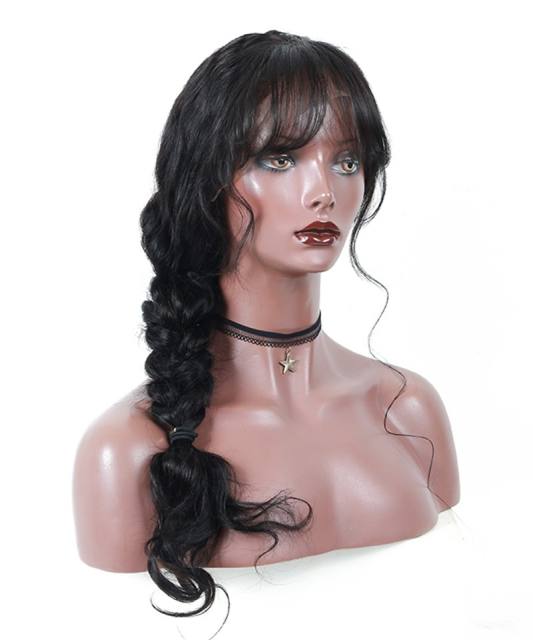Top Quality body wave full lace human hair Wig with bang,brazilian lace wig for black women