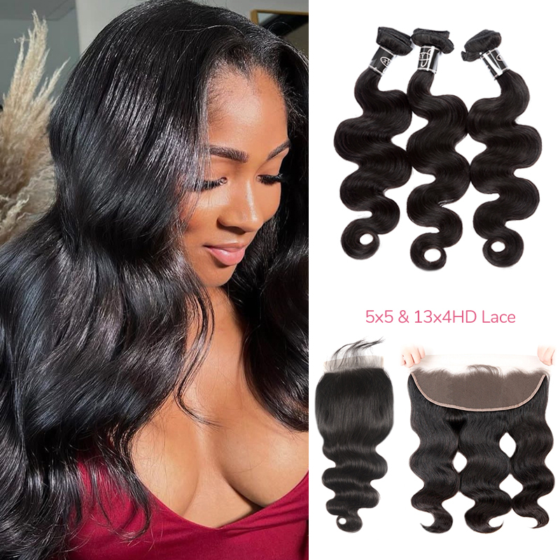 XYS Hair 5x5/13x4 HD Lace Closure/ Frontal with 3 Bundles Virgin Hair (Straight/ Body Wave)